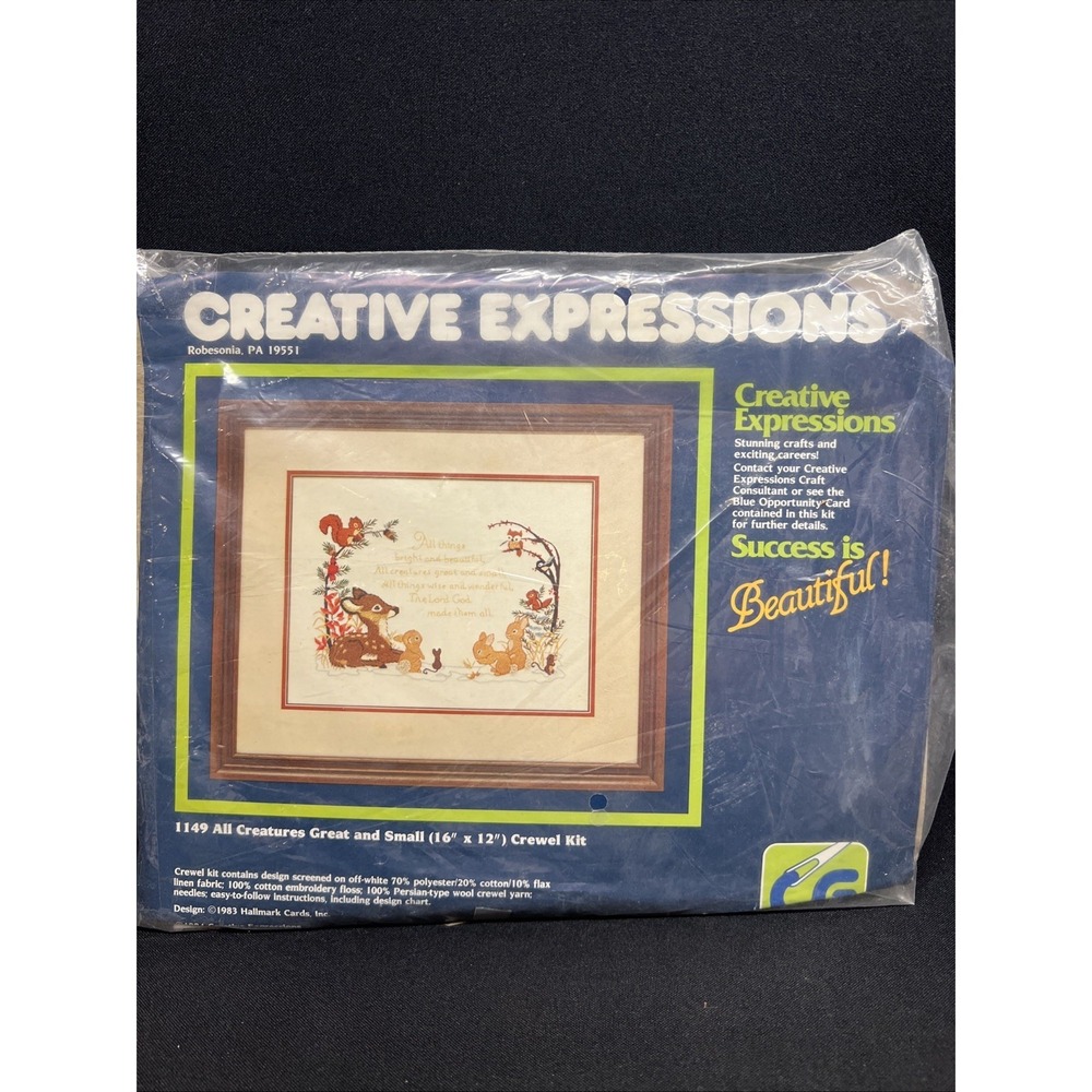 Creative Expressions 1149 "All Creatures Great And Small" Crewel Kit 1983 New